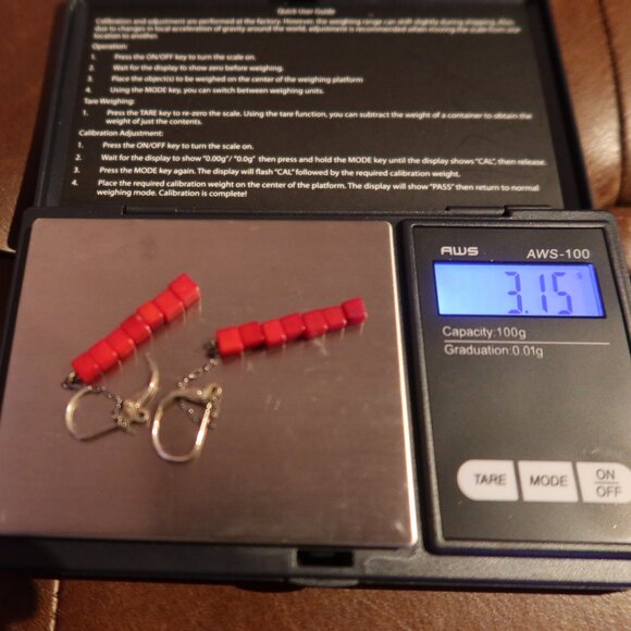 Red coral square beads & sterling silver Sherzada earrings dangle drop 3" long - Picture 10 of 10